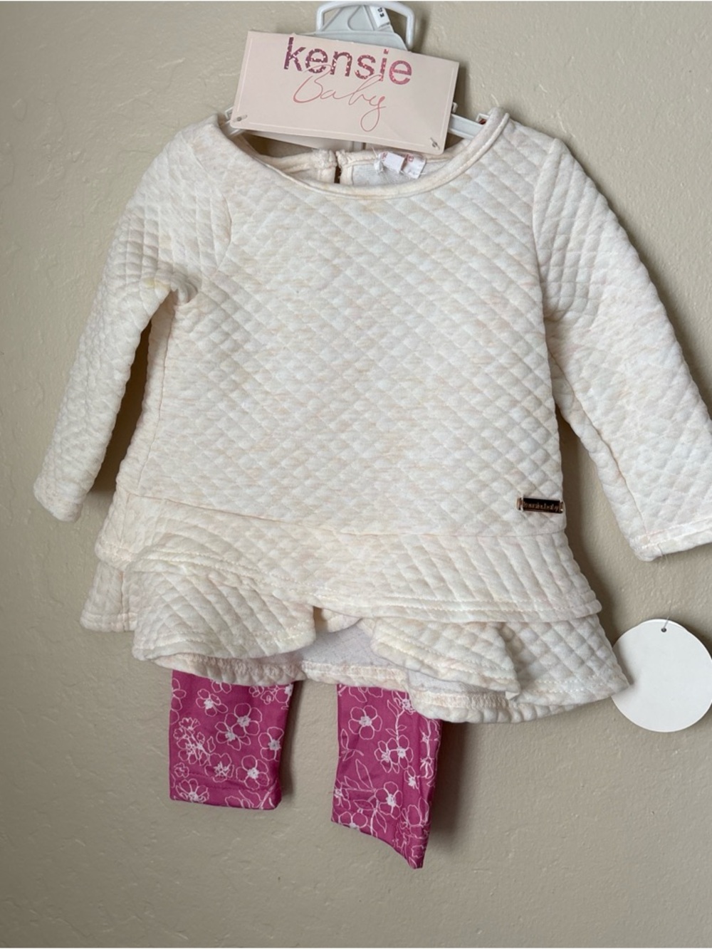Kensie Baby Cream Quilted Outfit with Pink Logo Detail